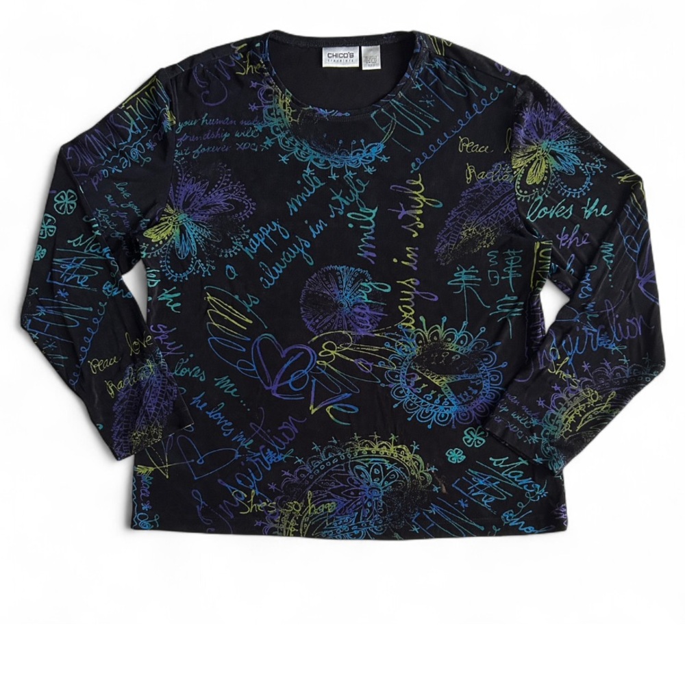 Chico’s Travelers‎ Black Artistic Print Multicolor Women’s Blouse, size 3/XL/16